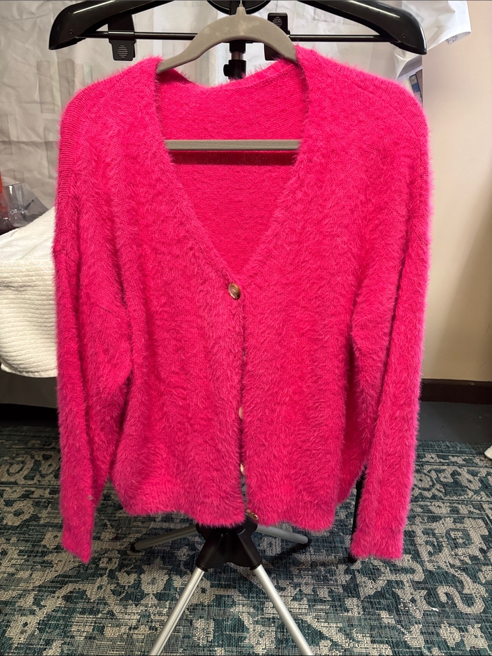 Cozy V-Neck Fuzzy Cardigan in Hot Pink